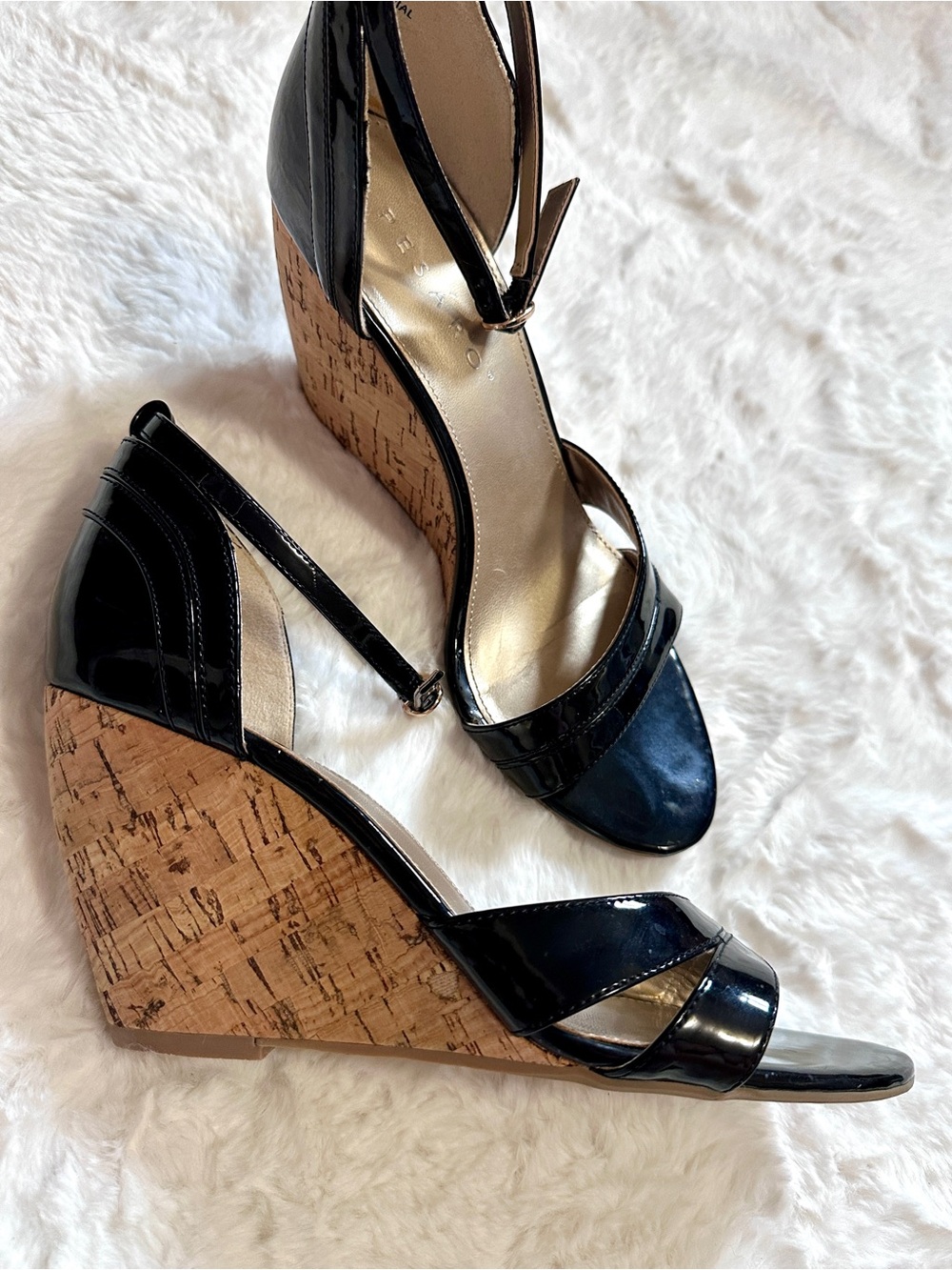Black Shine Cork Wedge Sandals
